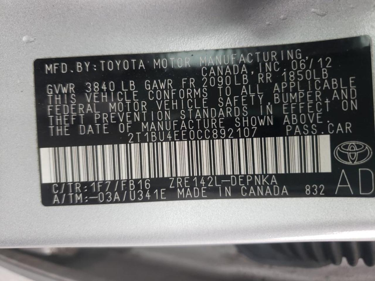 Photo 10 from auction – 2012 TOYOTA COROLLA BA with VIN 2T1BU4EE0CC892107