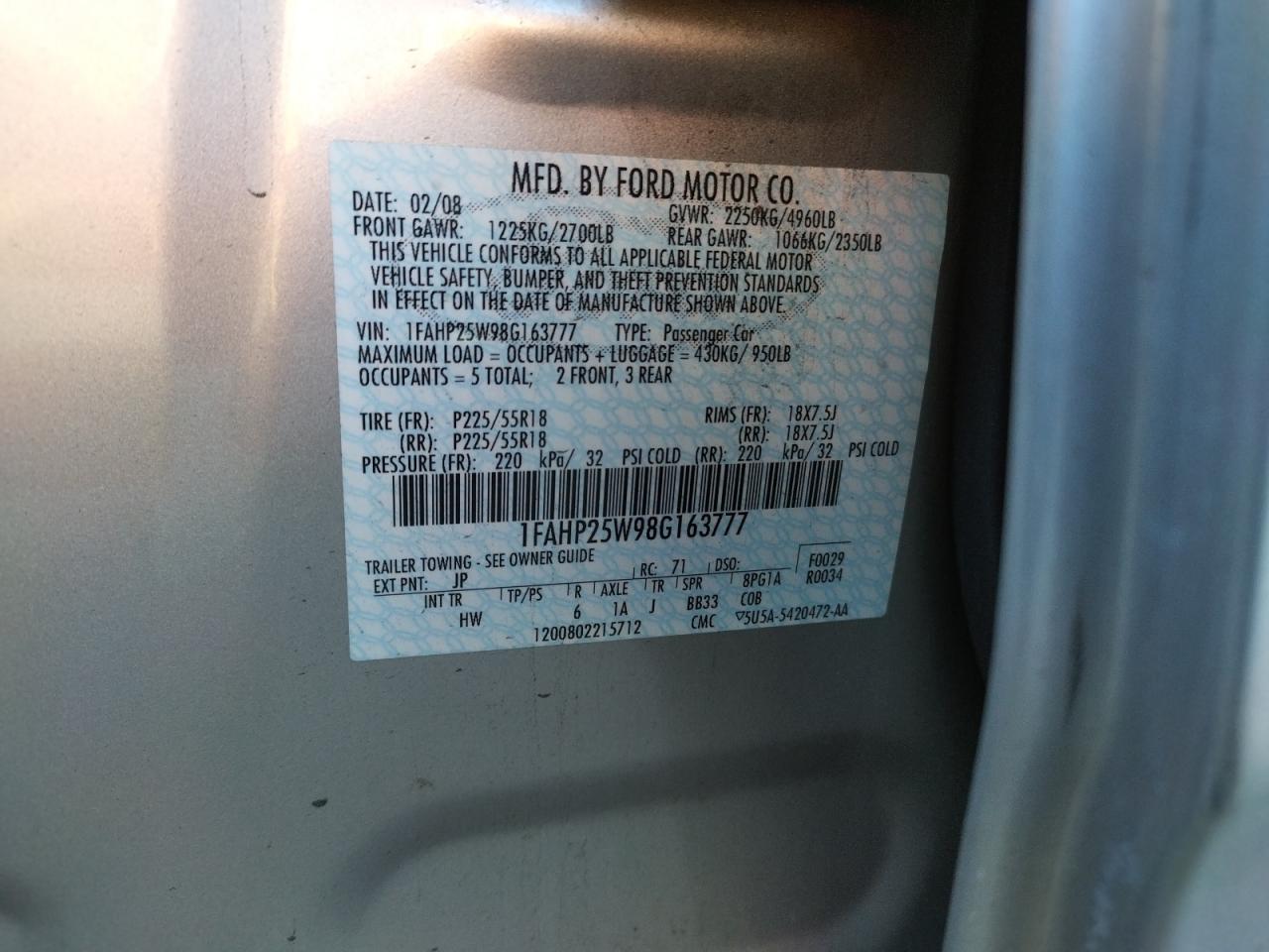 Photo 10 from auction – 2008 FORD TAURUS with VIN 1FAHP25W98G163777