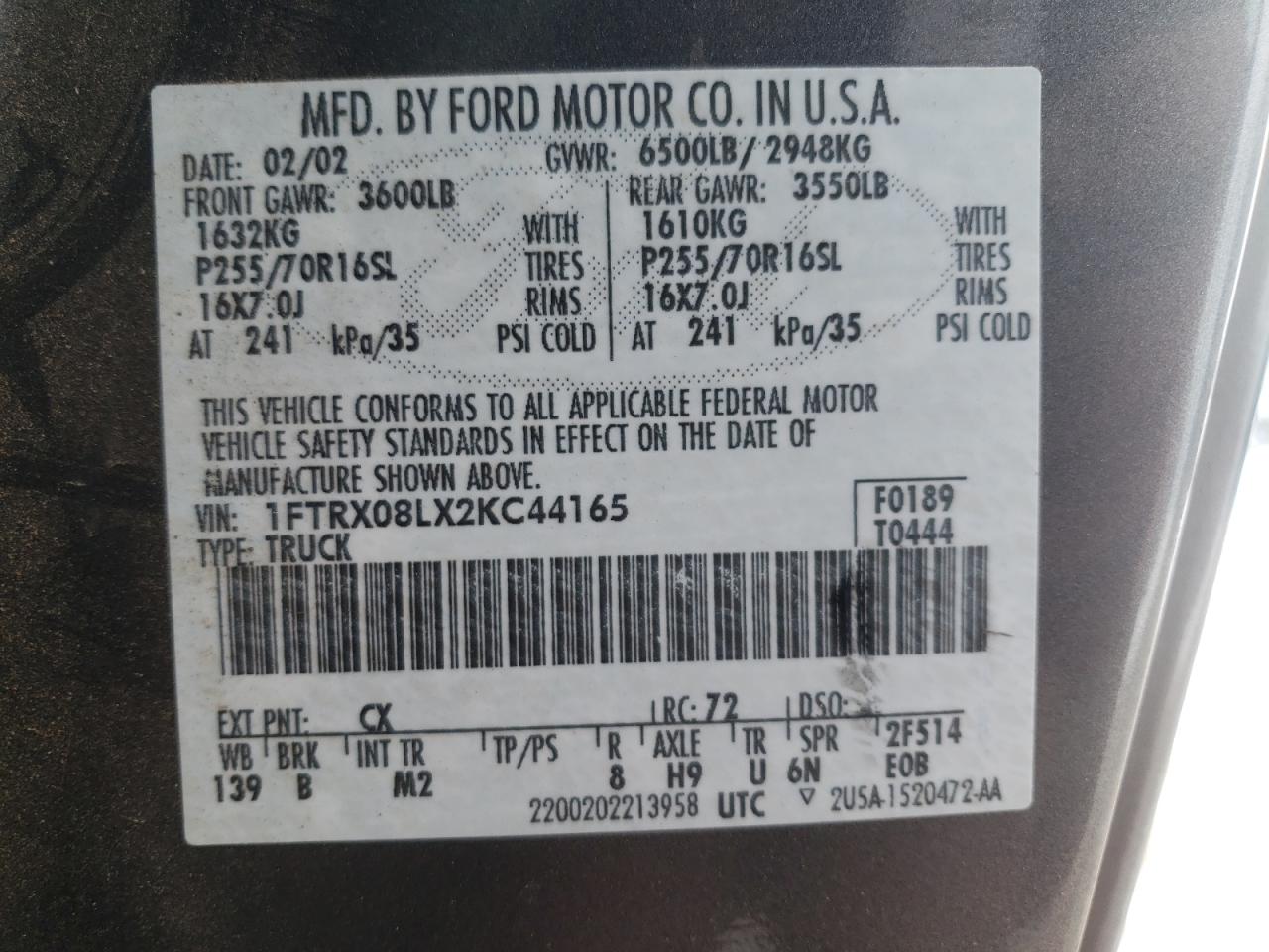 Photo 10 from auction – 2002 FORD F150 with VIN 1FTRX08LX2KC44165