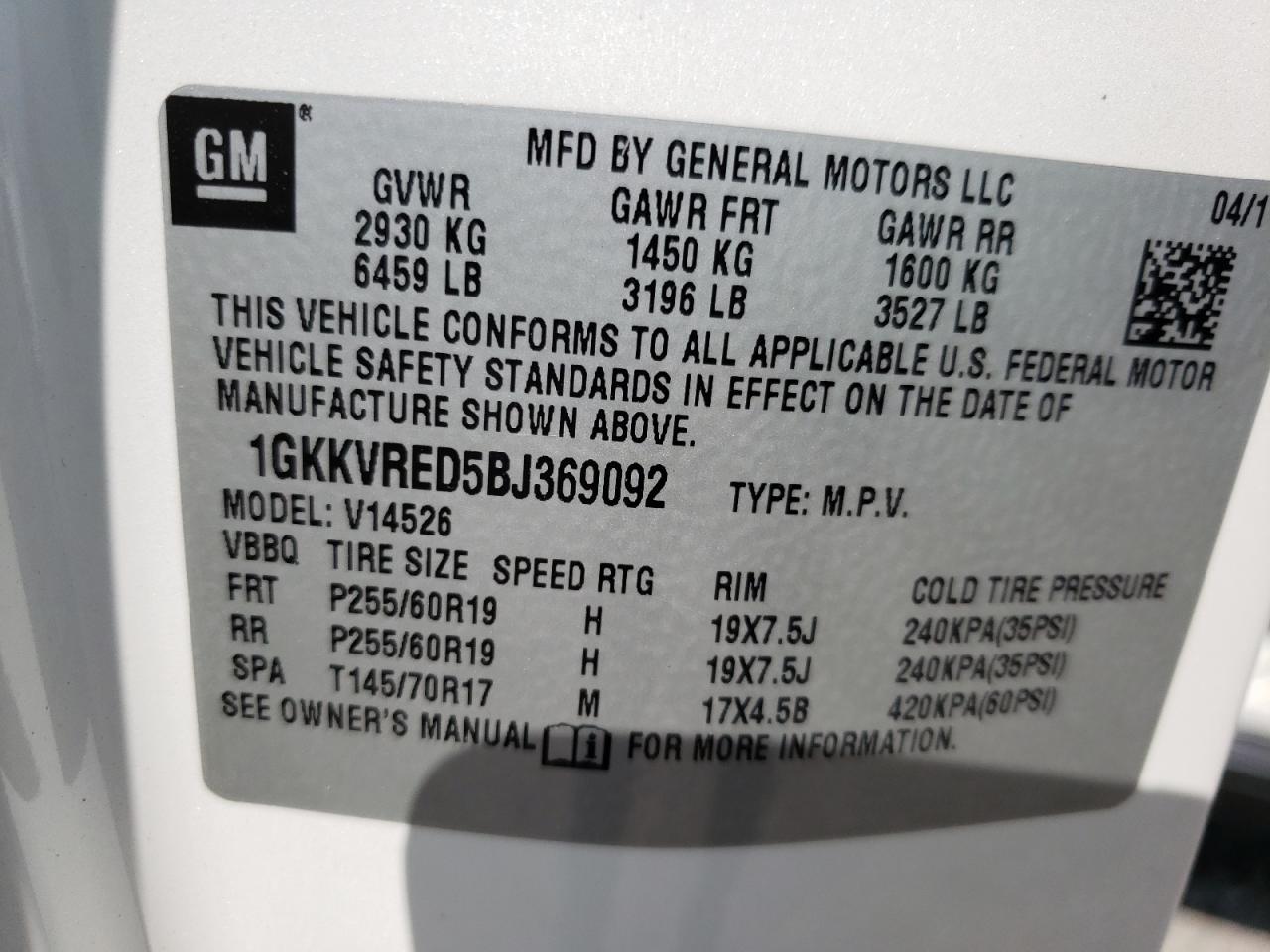 Фото 10 с аукциона – 2011 GMC ACADIA SLT с VIN 1GKKVRED5BJ369092