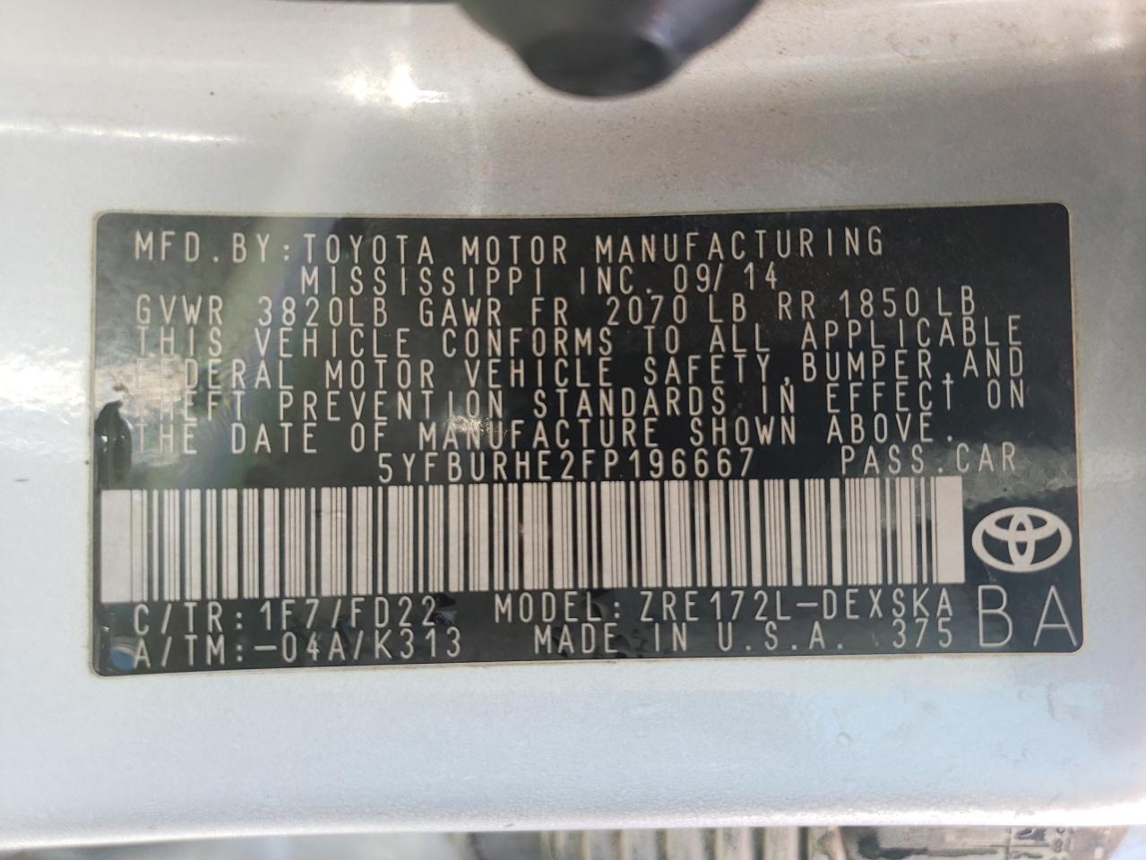 Photo 10 from auction – 2015 TOYOTA COROLLA L with VIN 5YFBURHE2FP196667
