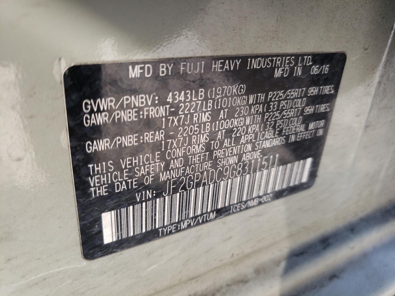 Photo 10 from auction – 2016 SUBARU CROSSTREK with VIN JF2GPADC9G8311511