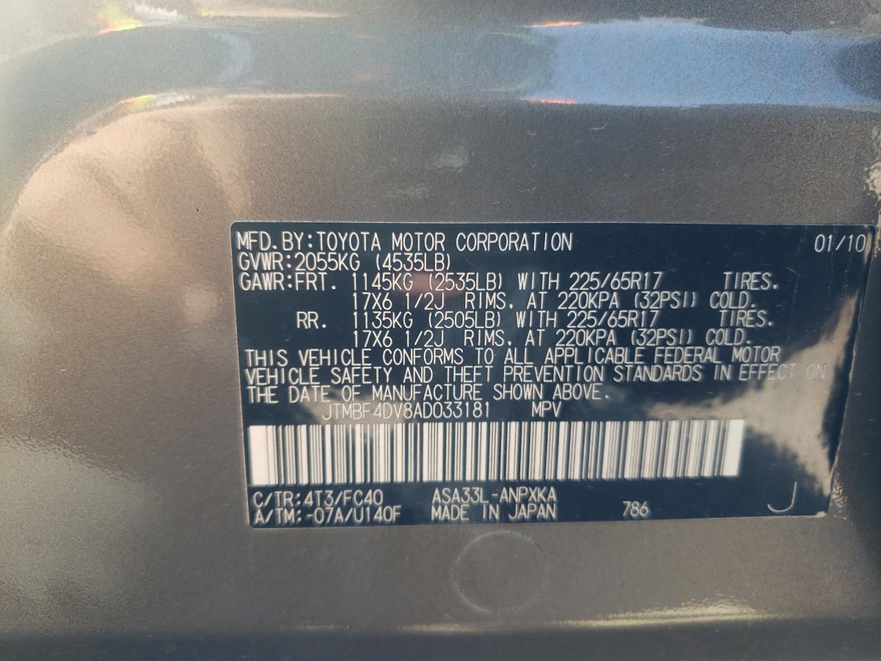 Photo 10 from auction – 2010 TOYOTA RAV4 with VIN JTMBF4DV8AD033181