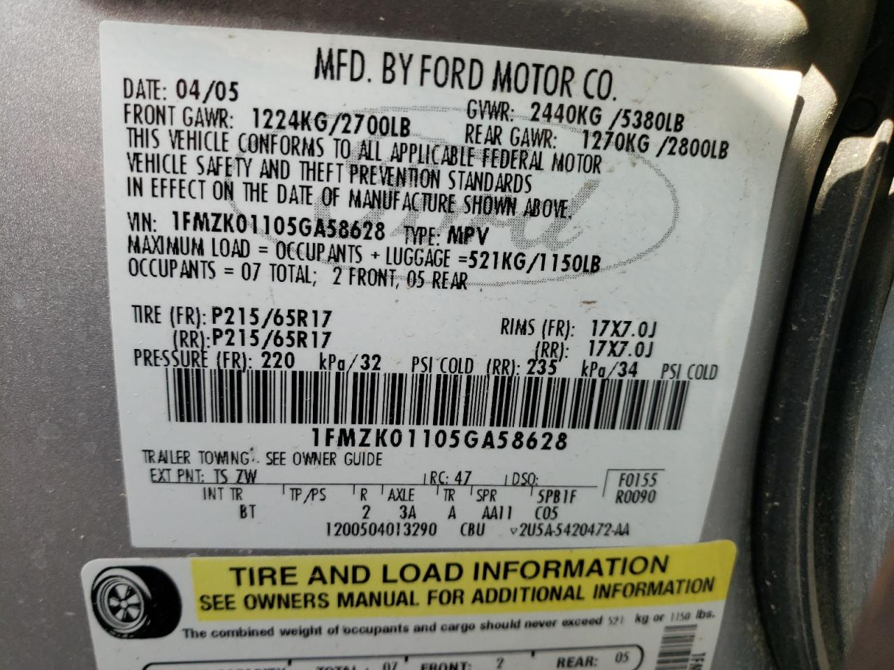 Photo 10 from auction – 2005 FORD FREESTYLE with VIN 1FMZK01105GA58628