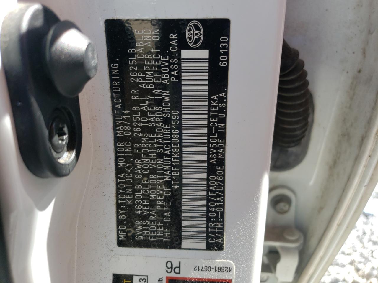 Photo 10 from auction – 2014 TOYOTA CAMRY L with VIN 4T1BF1FK8EU861590