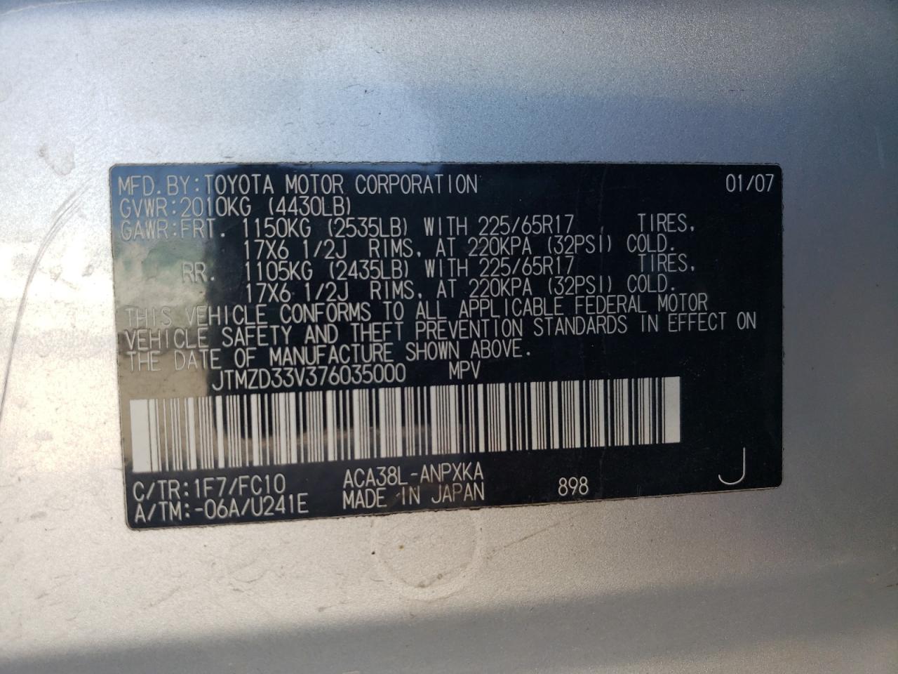 Photo 10 from auction – 2007 TOYOTA RAV4 with VIN JTMZD33V376035000