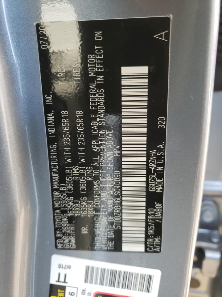 Photo 10 from auction – 2020 TOYOTA HIGHLANDER with VIN 5TDBZRBH6LS040090