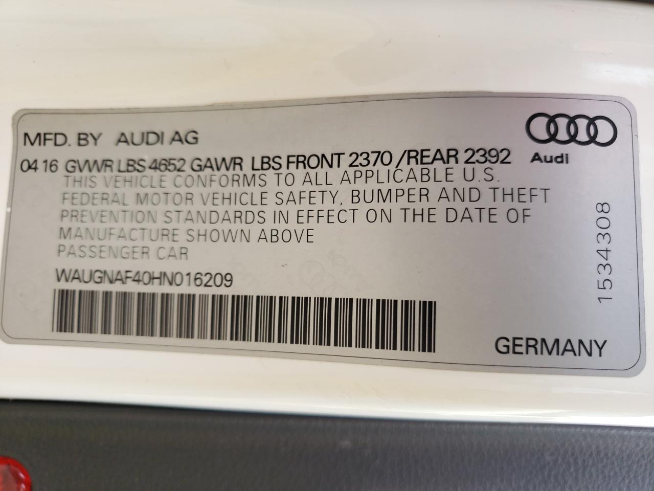 Photo 10 from auction – 2017 AUDI A4 PREMIUM with VIN WAUGNAF40HN016209