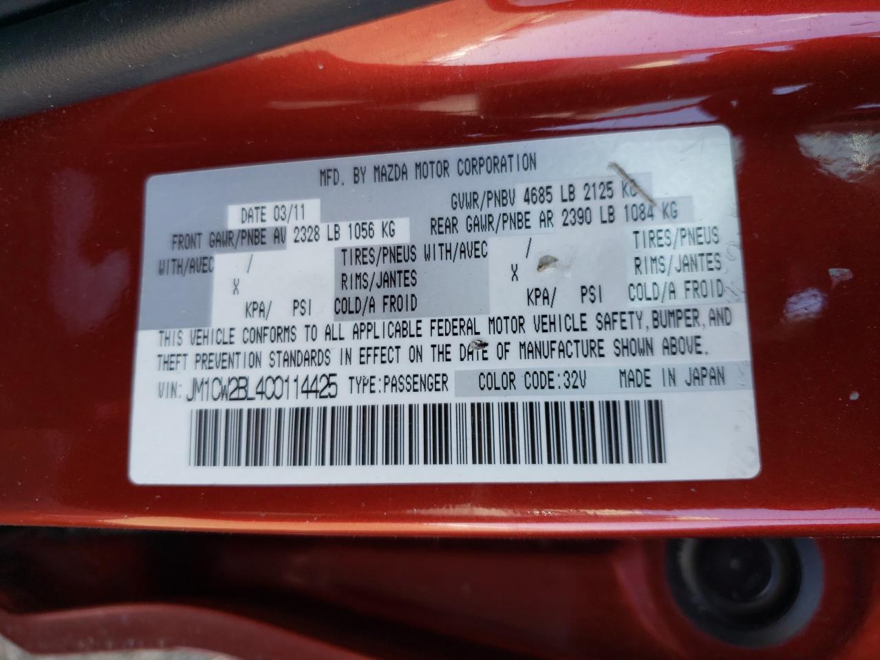 Photo 10 from auction – 2012 MAZDA 5 with VIN JM1CW2BL4C0114425