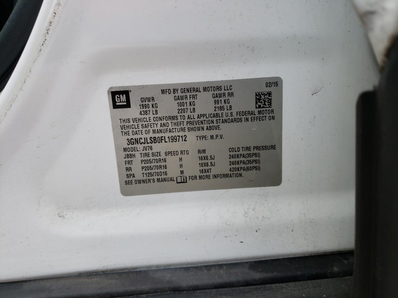 Photo 10 from auction – 2015 CHEVROLET TRAX 1LT with VIN 3GNCJLSB0FL199712