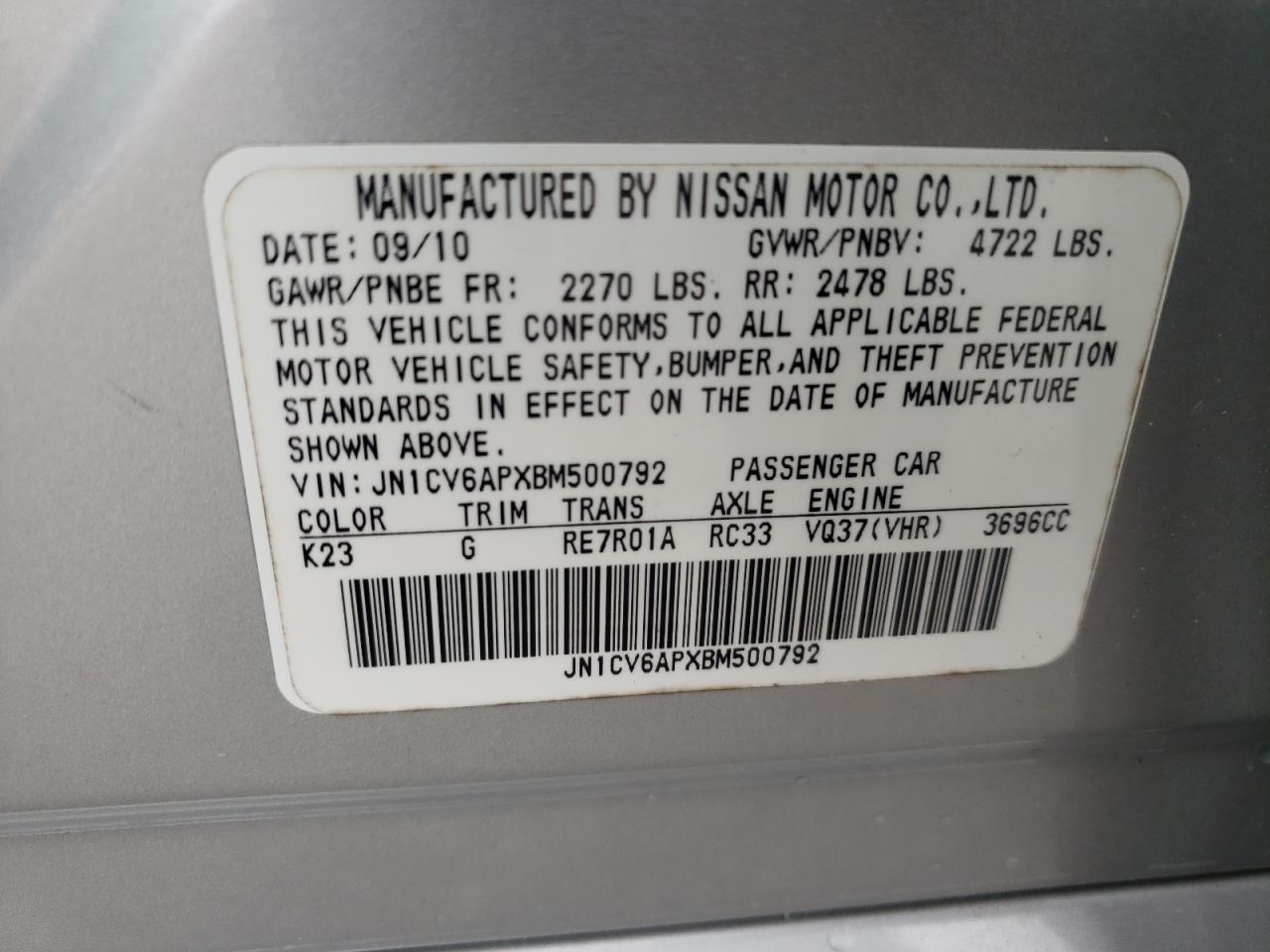 Photo 10 from auction – 2011 INFINITI G37 BASE with VIN JN1CV6APXBM500792