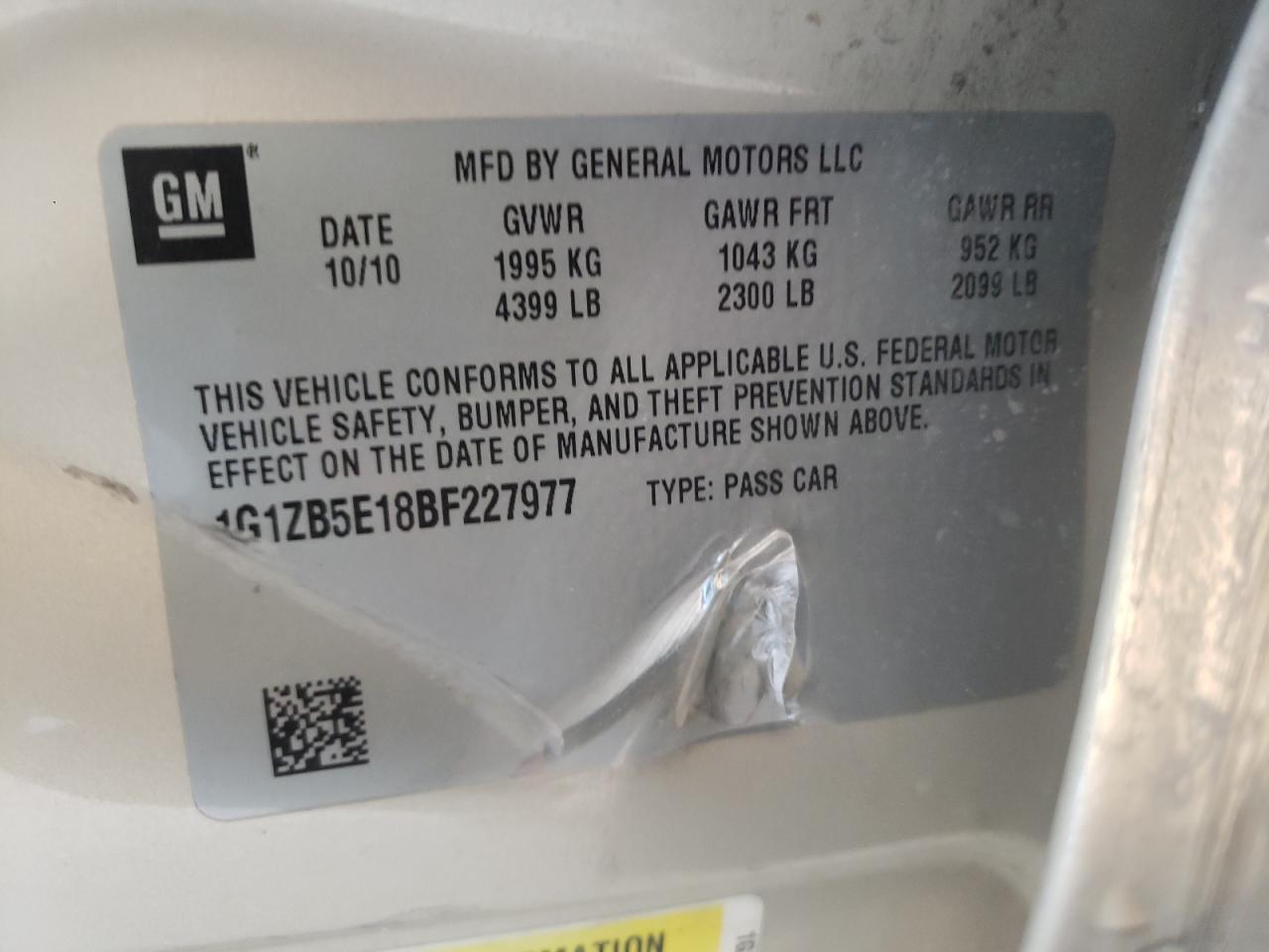 Photo 10 from auction – 2011 CHEVROLET MALIBU LS with VIN 1G1ZB5E18BF227977
