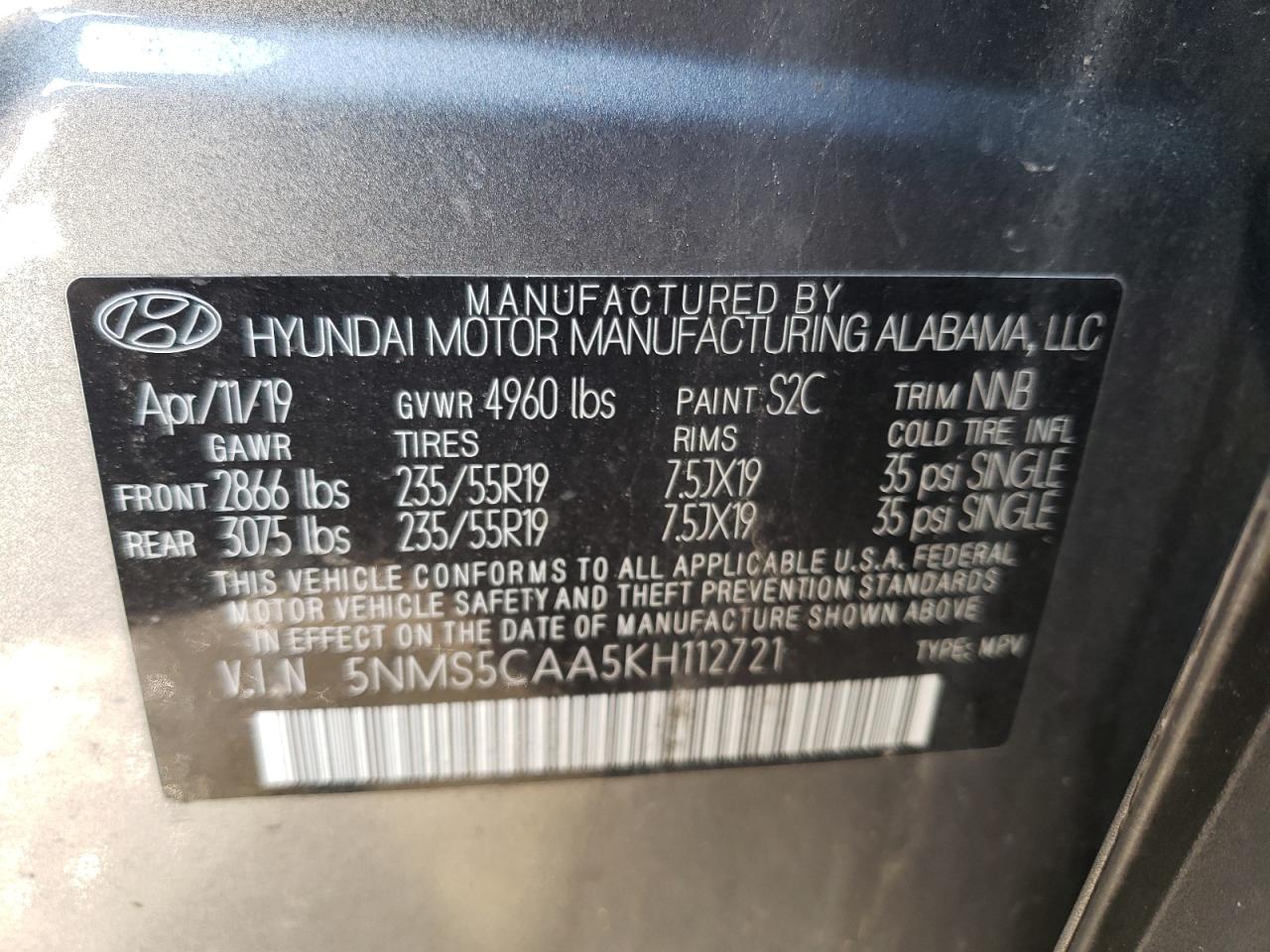 Photo 10 from auction – 2019 HYUNDAI SANTA FE L with VIN 5NMS5CAA5KH112721