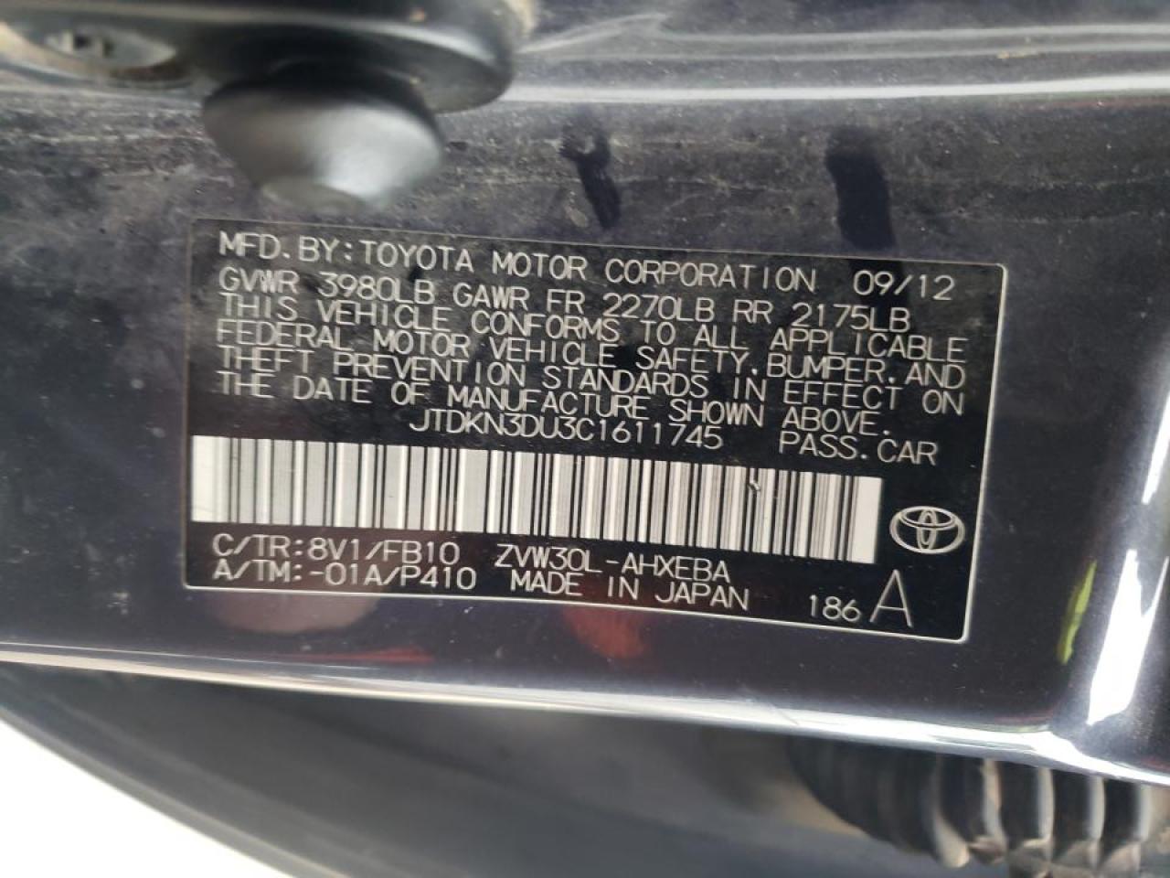 Photo 10 from auction – 2012 TOYOTA PRIUS with VIN JTDKN3DU3C1611745