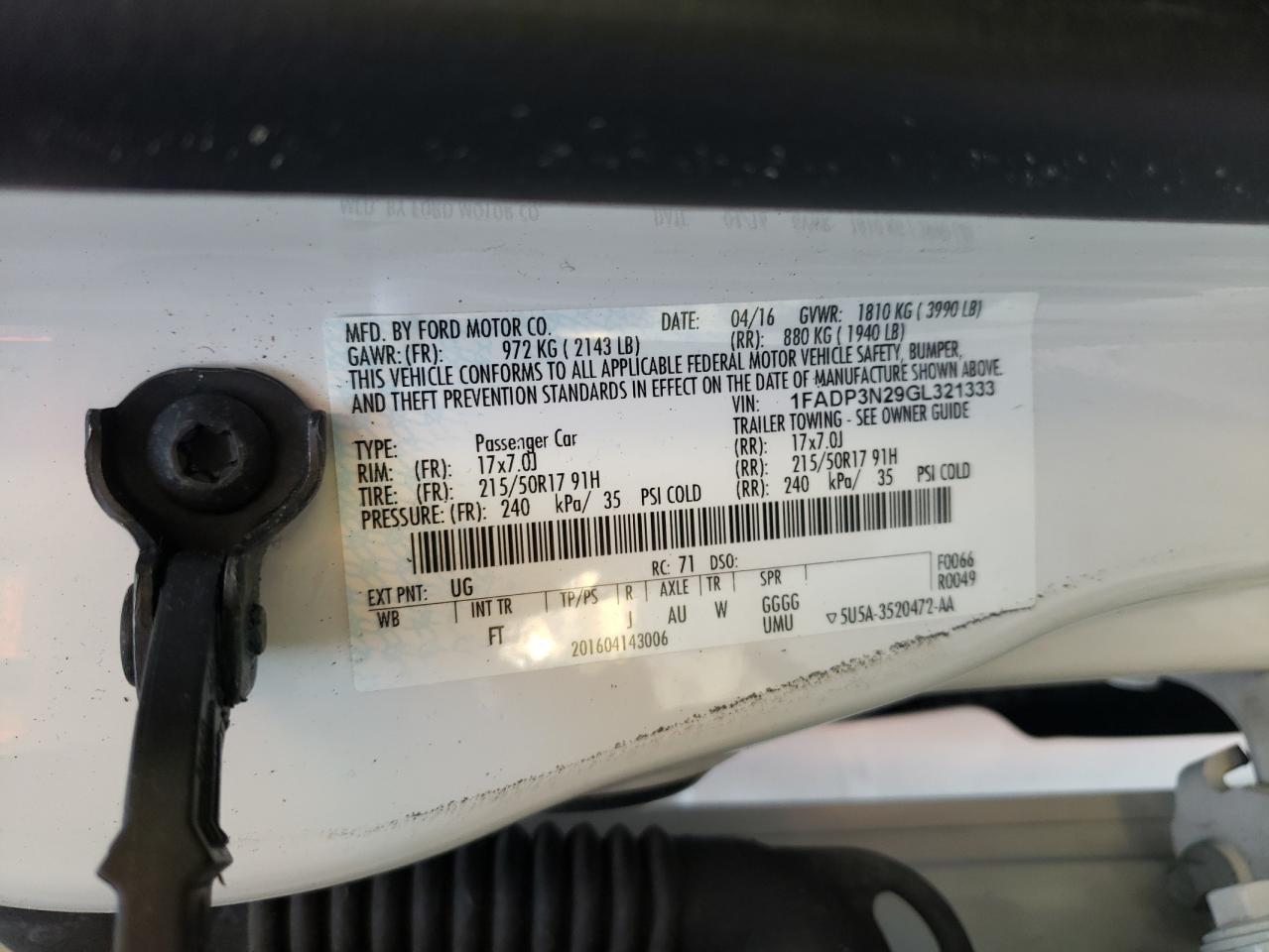 Photo 10 from auction – 2016 FORD FOCUS TITA with VIN 1FADP3N29GL321333