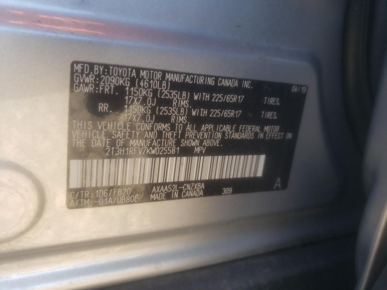 Photo 10 from auction – 2019 TOYOTA RAV4 LE with VIN 2T3H1RFV7KW025581