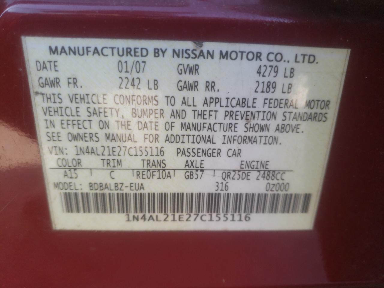 Photo 10 from auction – 2007 NISSAN ALTIMA 2.5 with VIN 1N4AL21E27C155116