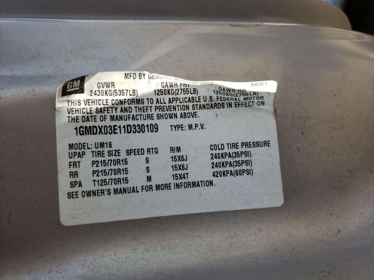 Photo 10 from auction – 2001 PONTIAC MONTANA with VIN 1GMDX03E11D330109