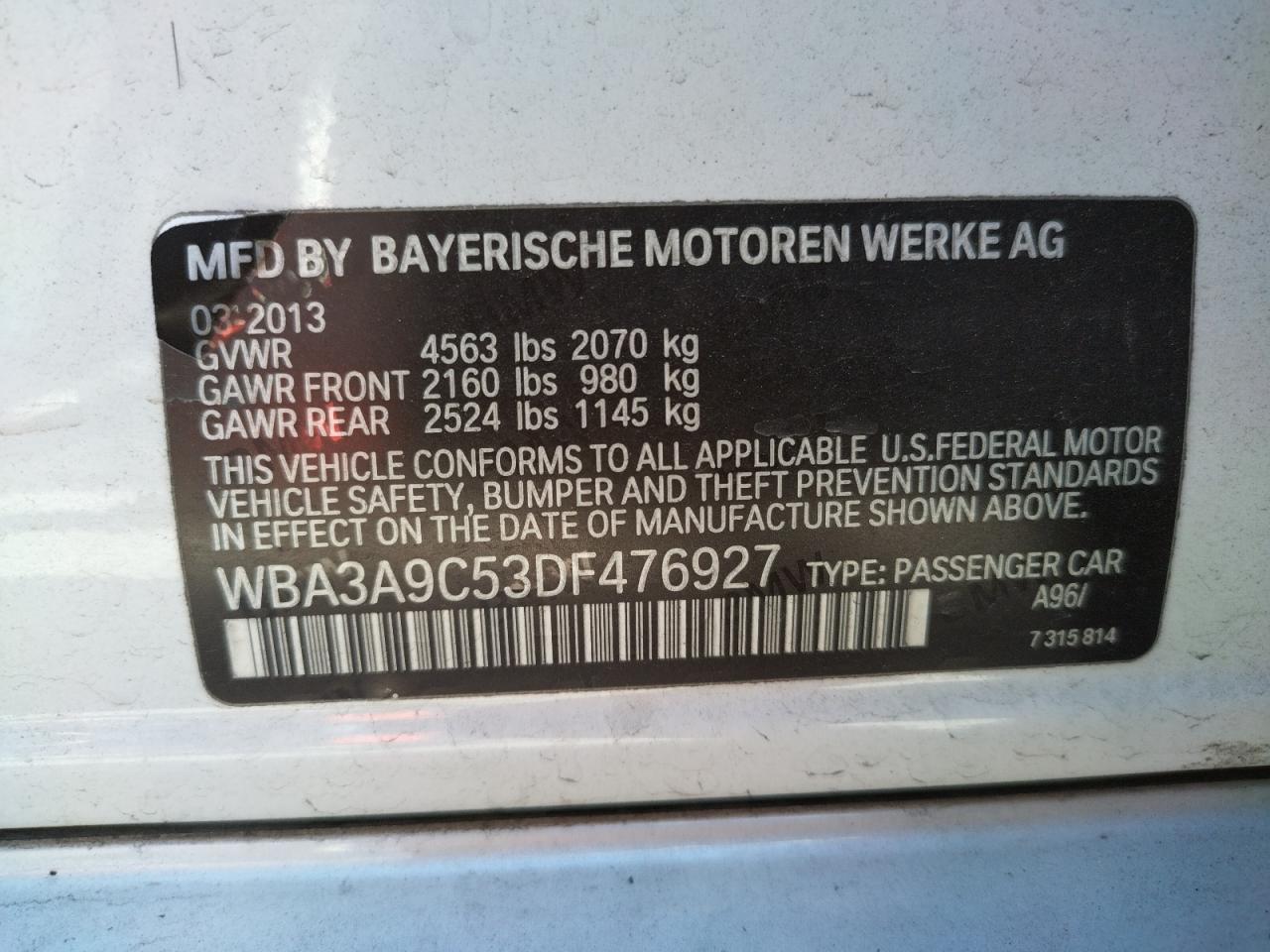 Photo 10 from auction – 2013 BMW 335 I with VIN WBA3A9C53DF476927