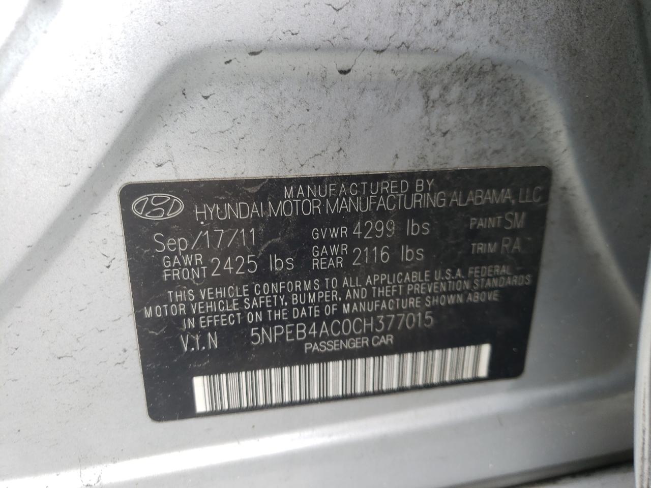 Photo 10 from auction – 2012 HYUNDAI SONATA GLS with VIN 5NPEB4AC0CH377015