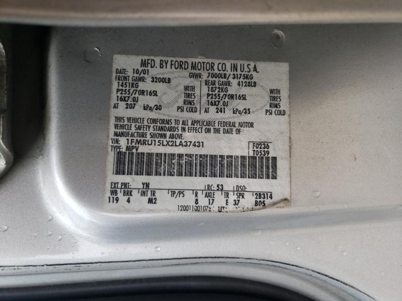 Photo 10 from auction – 2002 FORD EXPEDITION with VIN 1FMRU15LX2LA37431