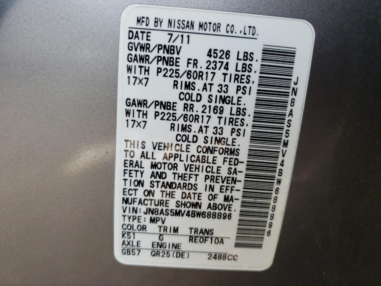 Photo 10 from auction – 2011 NISSAN ROGUE S with VIN JN8AS5MV4BW688896