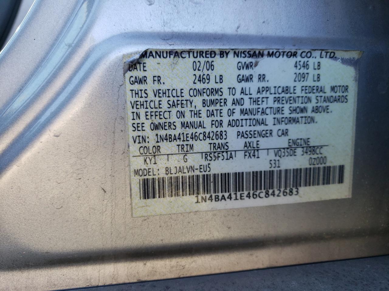 Photo 10 from auction – 2006 NISSAN MAXIMA SE with VIN 1N4BA41E46C842683
