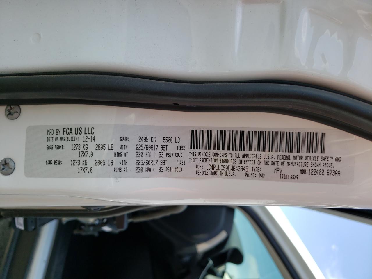 Photo 10 from auction – 2015 JEEP CHEROKEE L with VIN 1C4PJLCS0FW643349