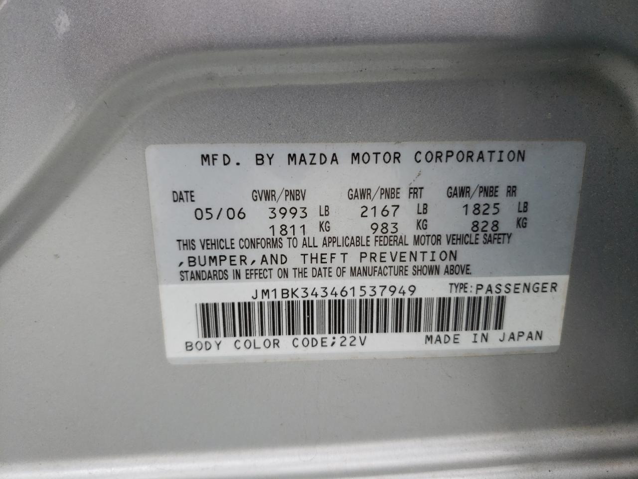 Photo 10 from auction – 2006 MAZDA 3 HATCHBAC with VIN JM1BK343461537949