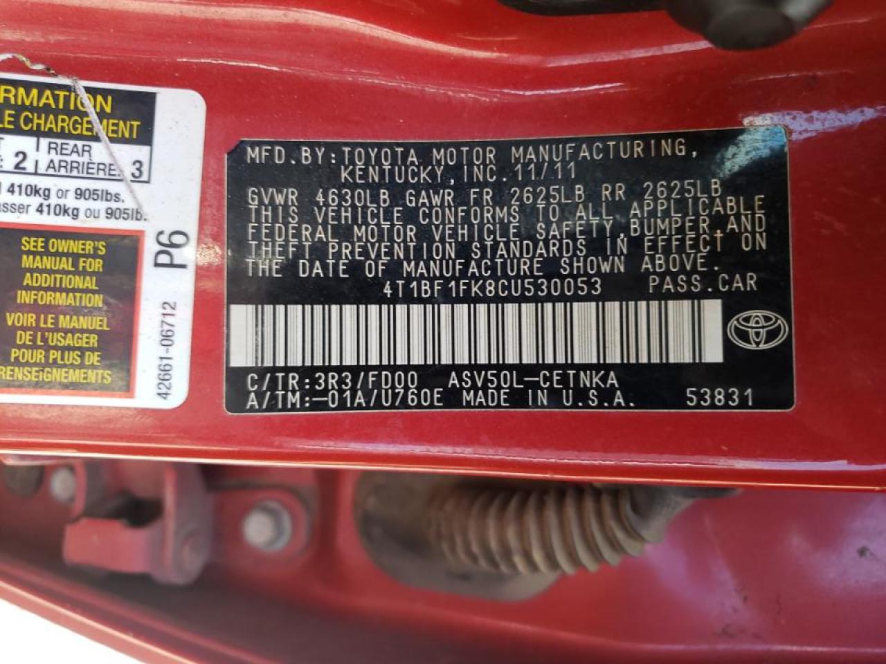 Photo 10 from auction – 2012 TOYOTA CAMRY BASE with VIN 4T1BF1FK8CU530053
