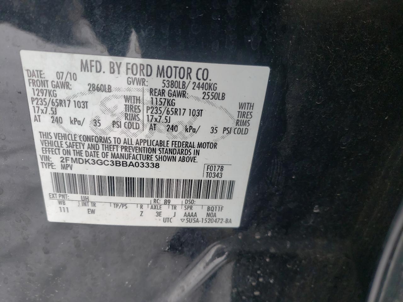 Photo 10 from auction – 2011 FORD EDGE SE with VIN 2FMDK3GC3BBA03338