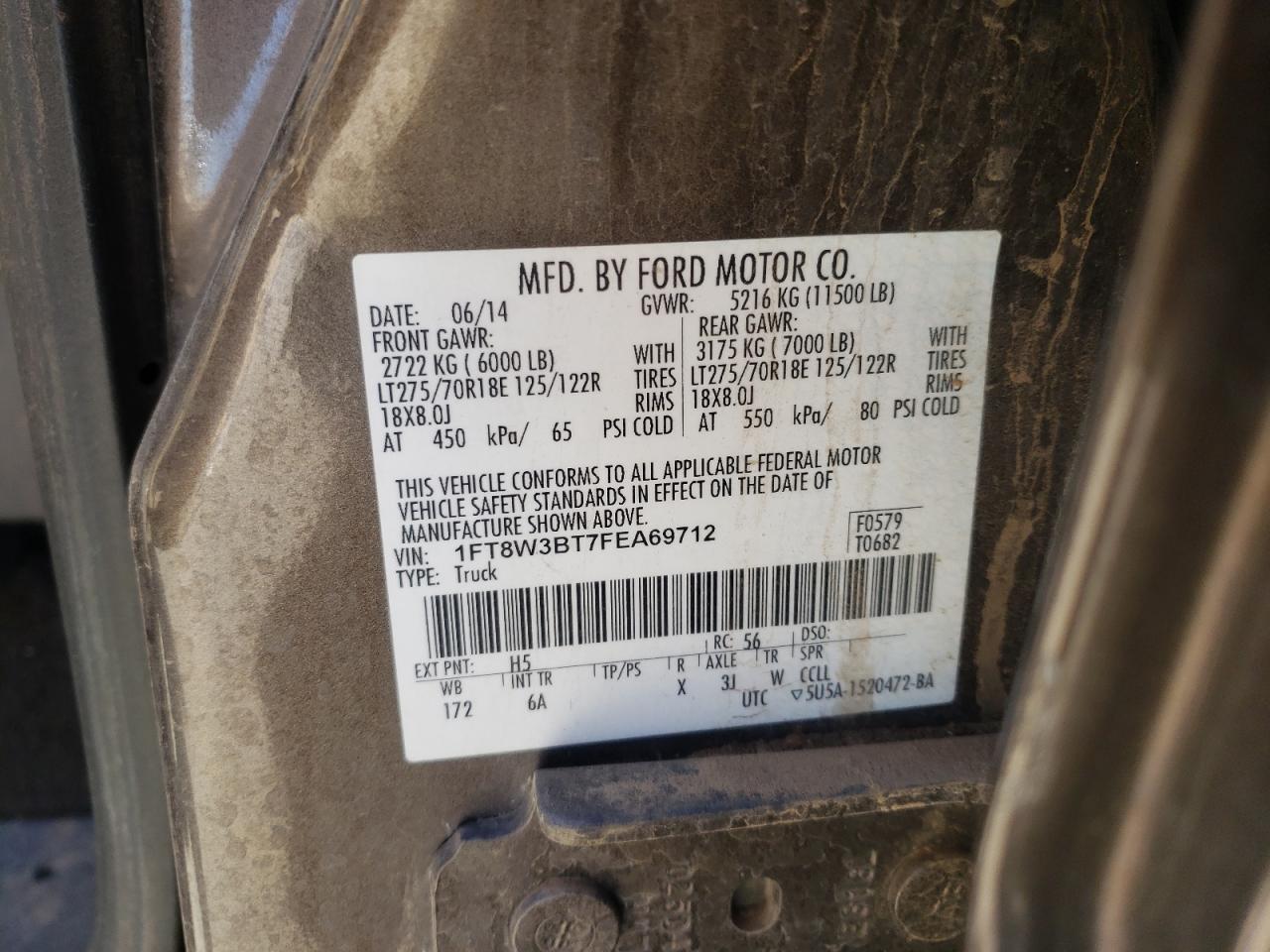 Photo 10 from auction – 2015 FORD F350 SUPER with VIN 1FT8W3BT7FEA69712