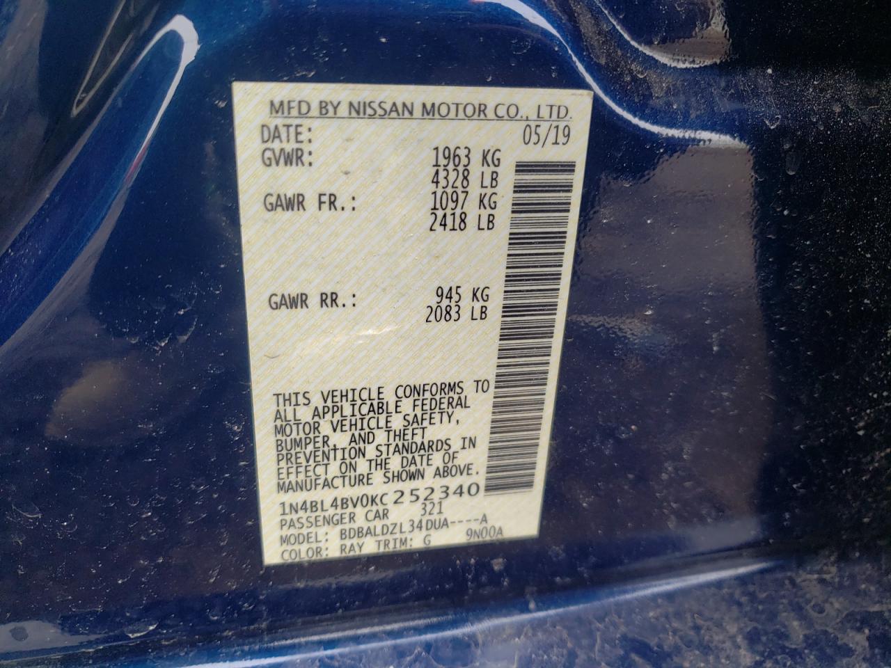 Photo 10 from auction – 2019 NISSAN ALTIMA S with VIN 1N4BL4BV0KC252340