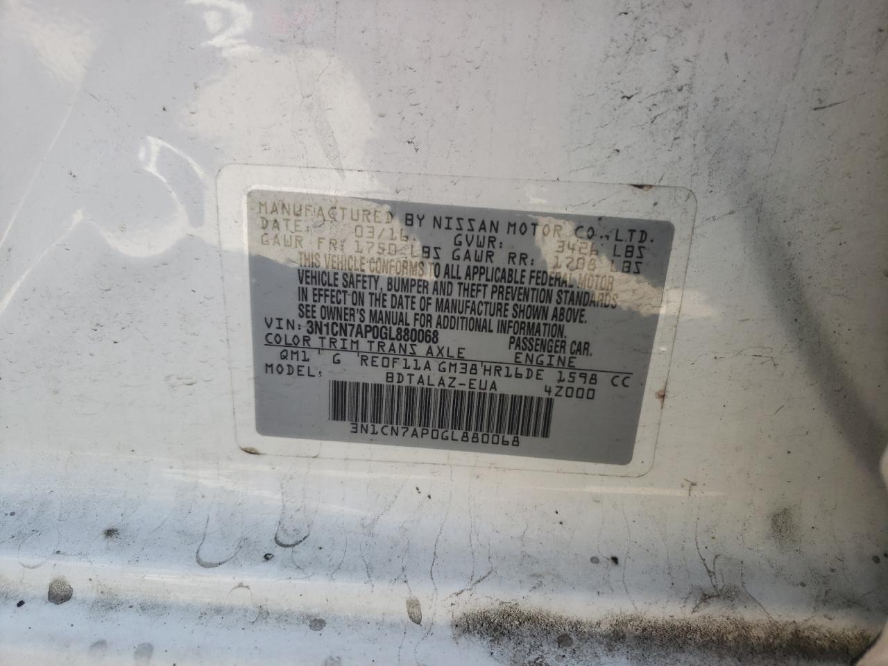 Photo 10 from auction – 2016 NISSAN VERSA S with VIN 3N1CN7AP0GL880068