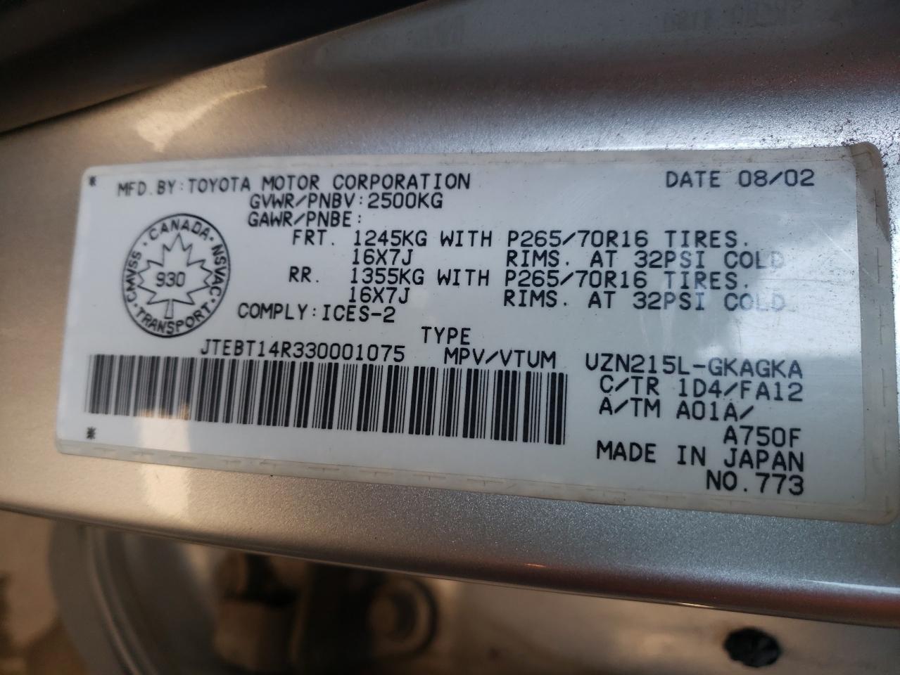 Photo 10 from auction – 2003 TOYOTA 4RUNNER SR with VIN JTEBT14R330001075