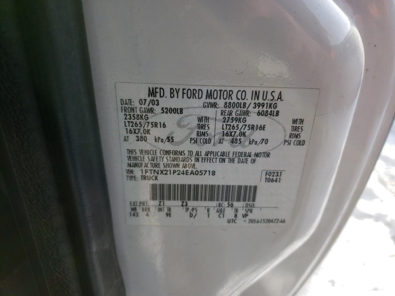 Photo 10 from auction – 2004 FORD F250 SUPER with VIN 1FTNX21P24EA05718