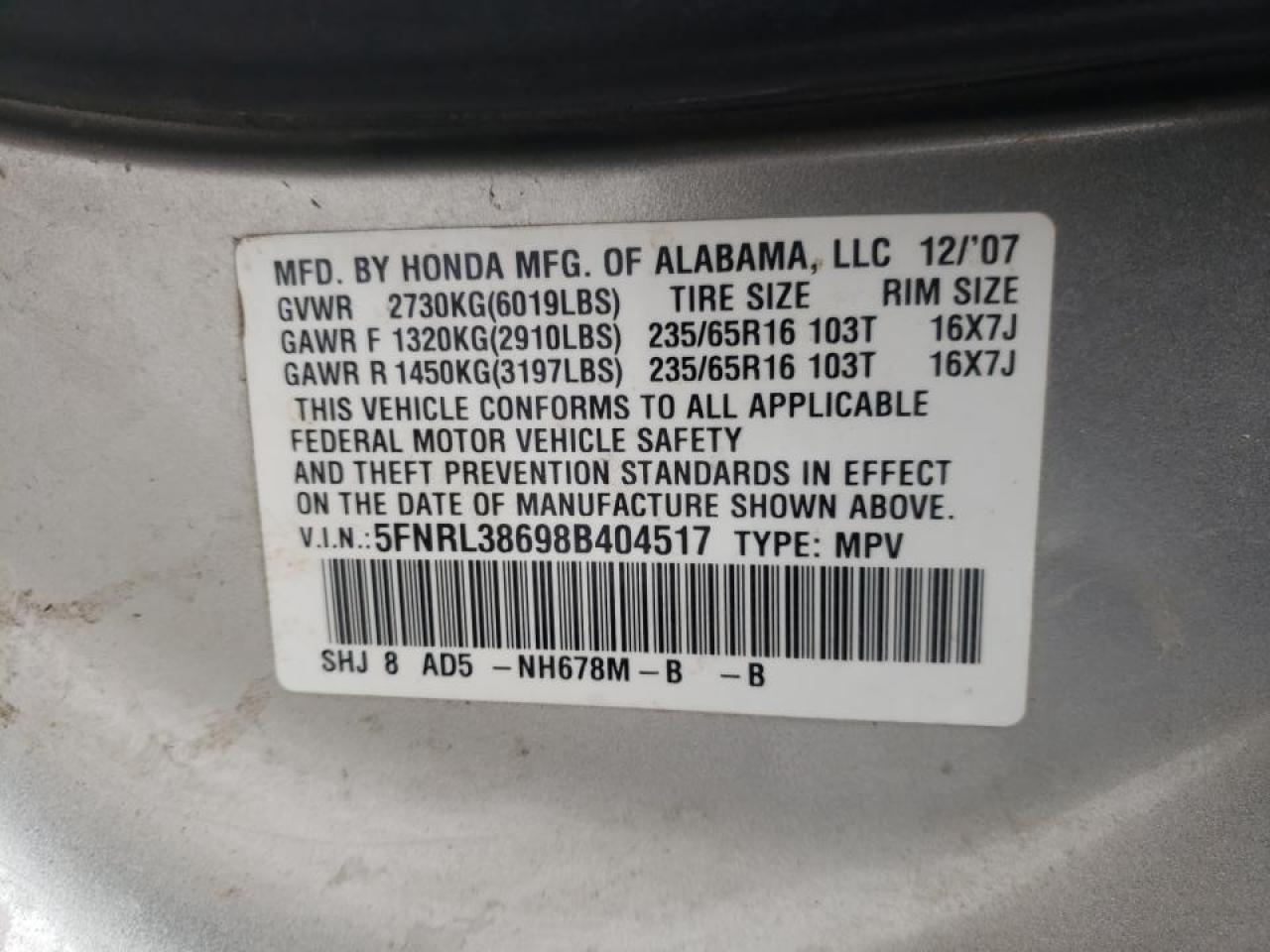 Photo 10 from auction – 2008 HONDA ODYSSEY EX with VIN 5FNRL38698B404517