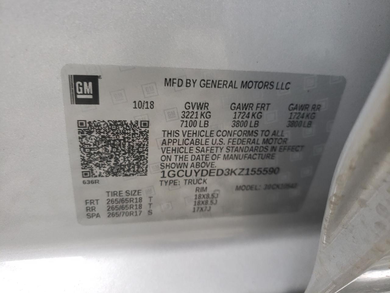 Photo 10 from auction – 2019 CHEVROLET SILVERADO with VIN 1GCUYDED3KZ155590