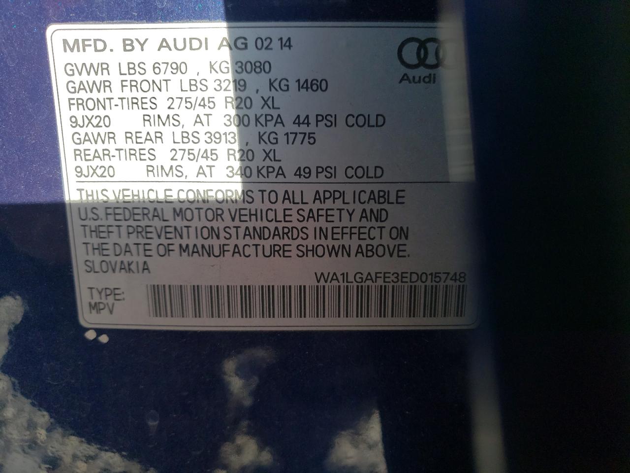 Photo 10 from auction – 2014 AUDI Q7 PREMIUM with VIN WA1LGAFE3ED015748