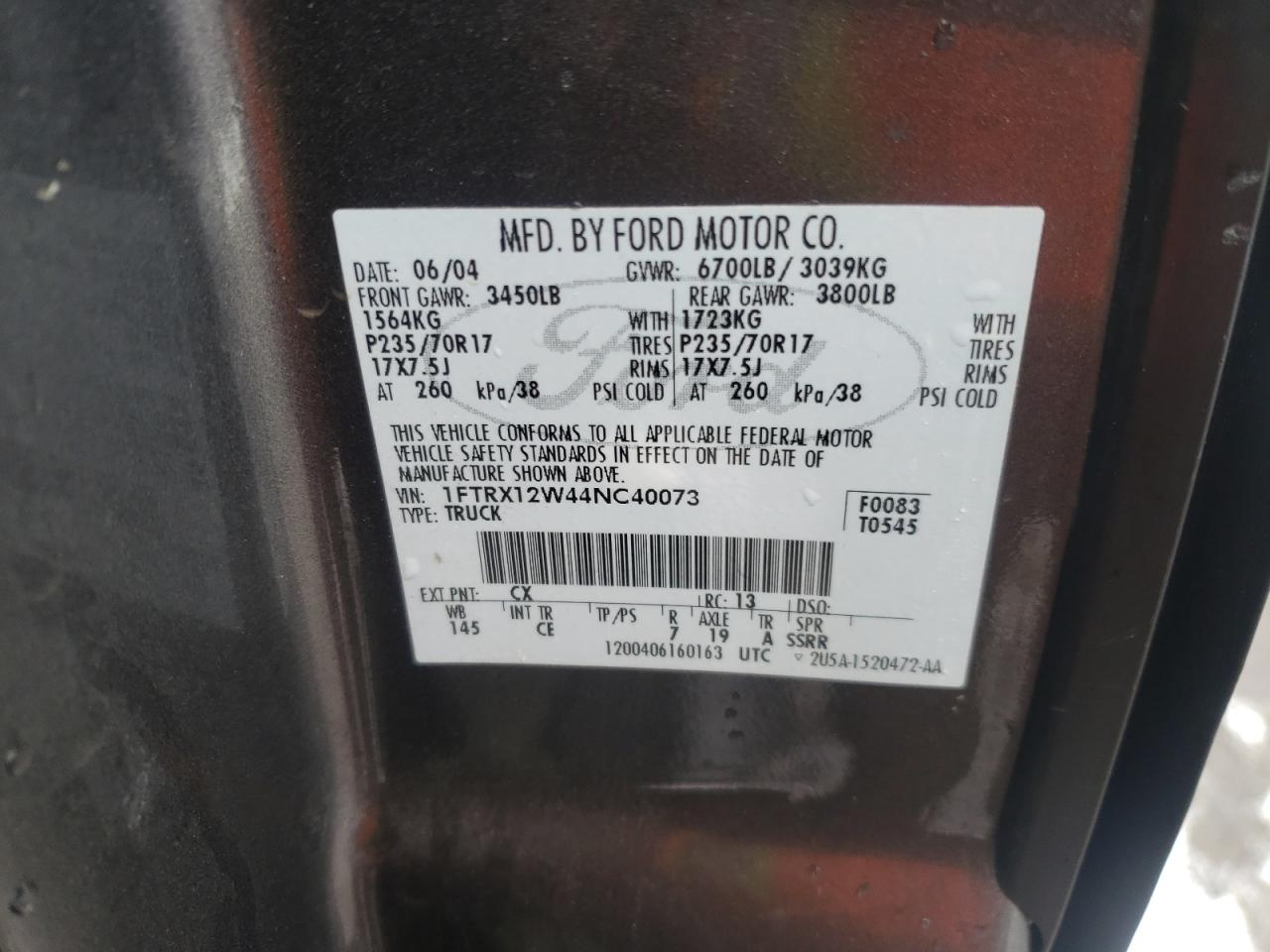 Photo 10 from auction – 2004 FORD F150 with VIN 1FTRX12W44NC40073