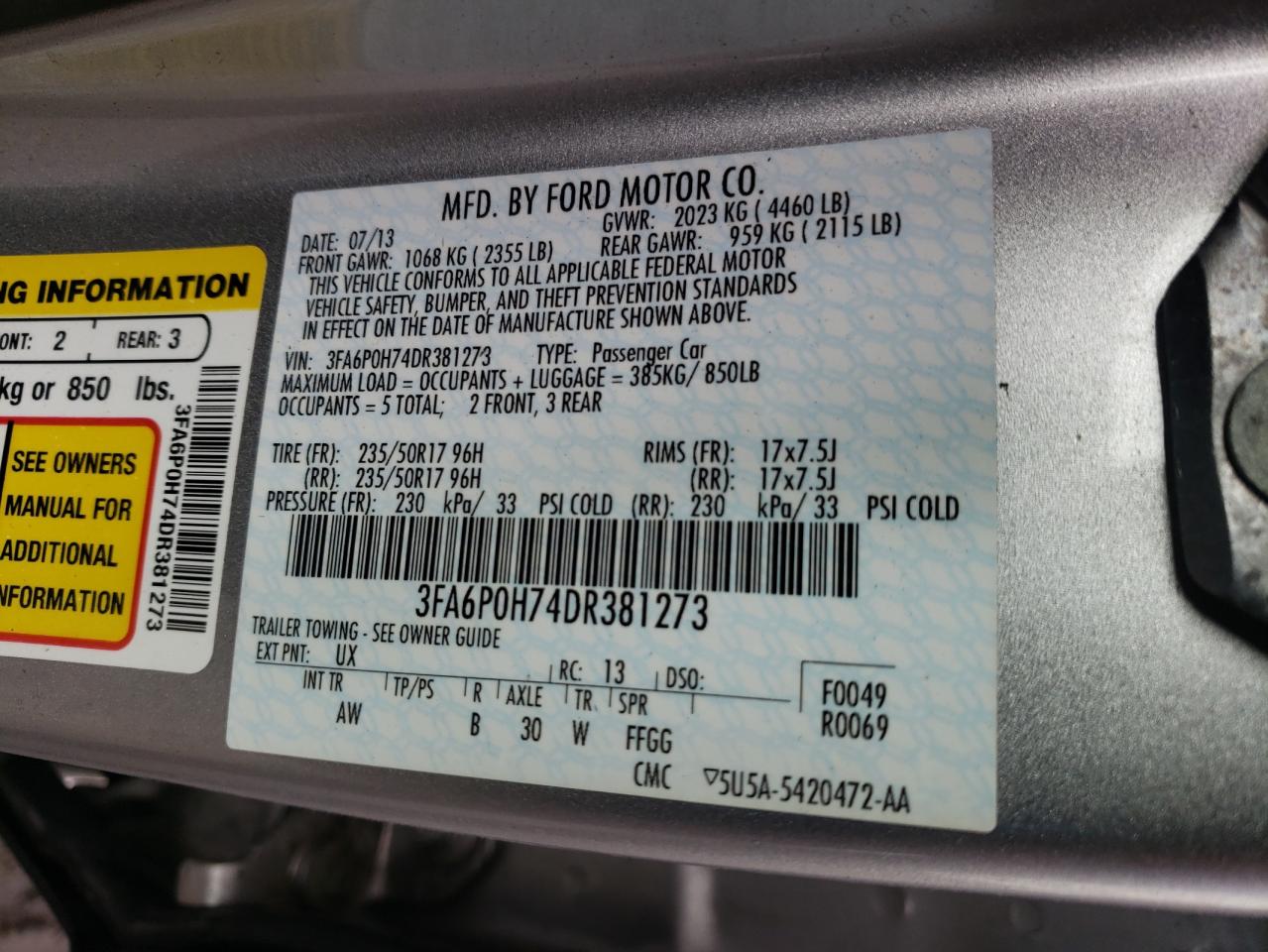 Photo 10 from auction – 2013 FORD FUSION SE with VIN 3FA6P0H74DR381273