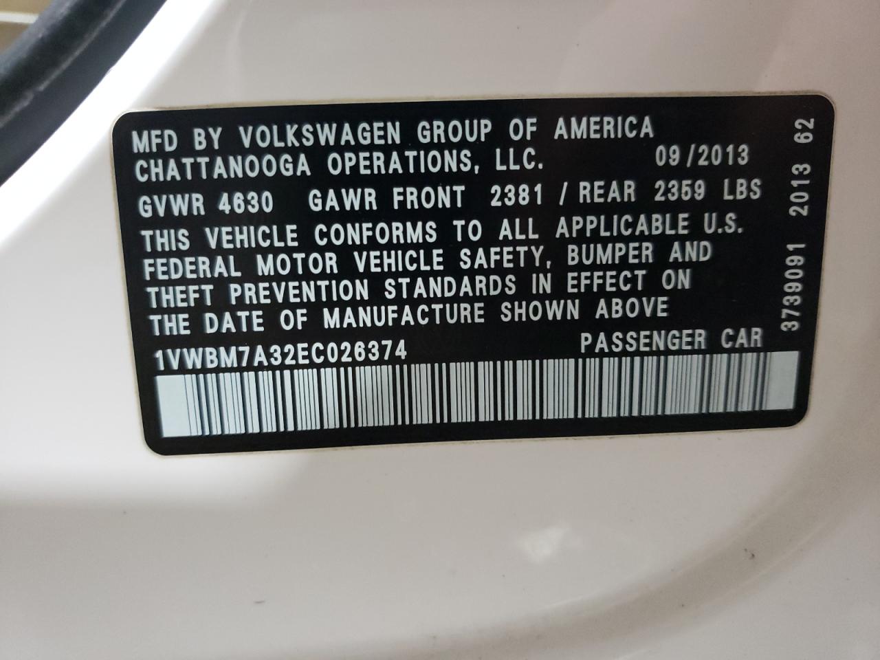 Photo 10 from auction – 2014 VOLKSWAGEN PASSAT SE with VIN 1VWBM7A32EC026374