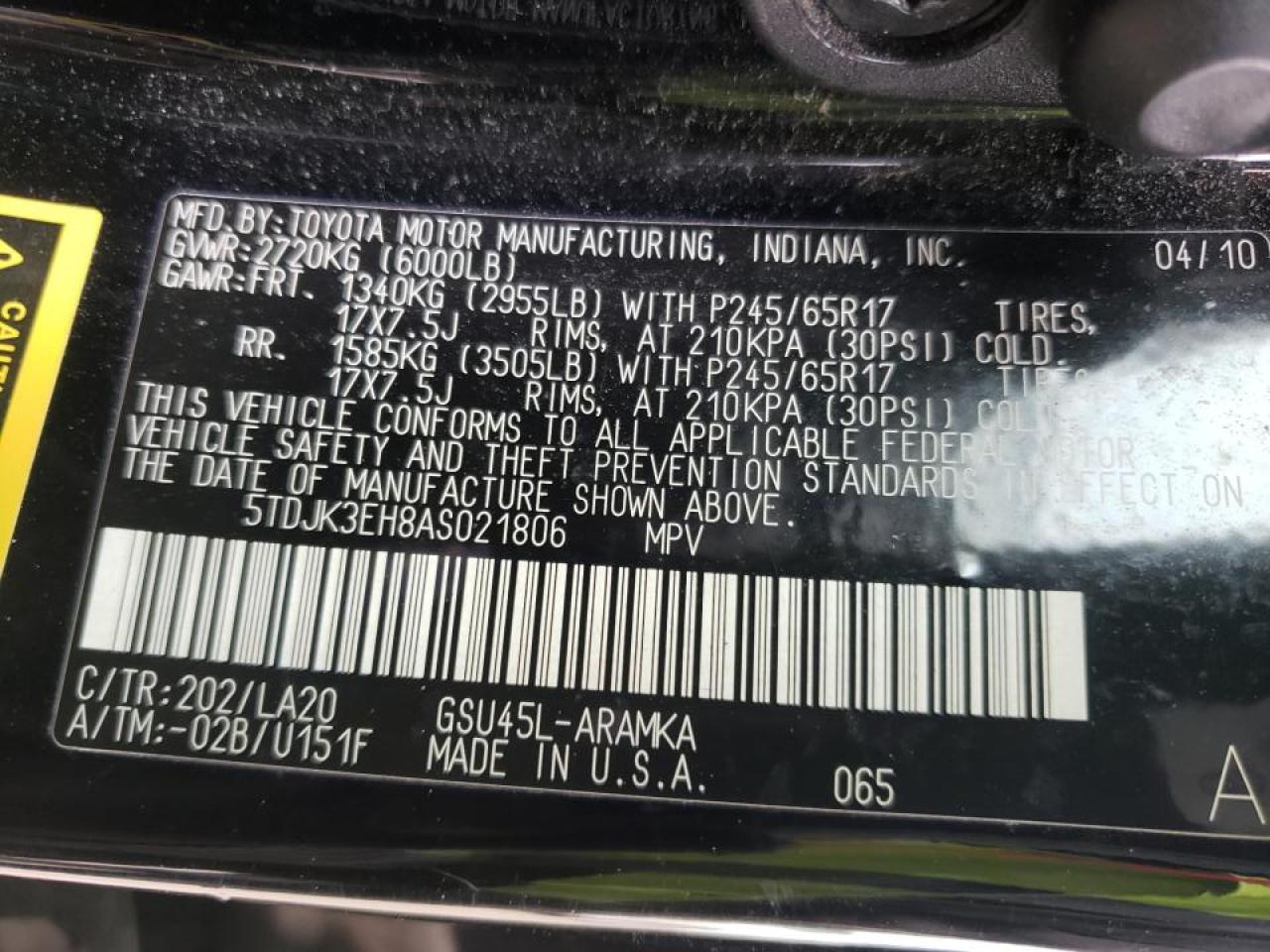 Photo 10 from auction – 2010 TOYOTA HIGHLANDER with VIN 5TDJK3EH8AS021806