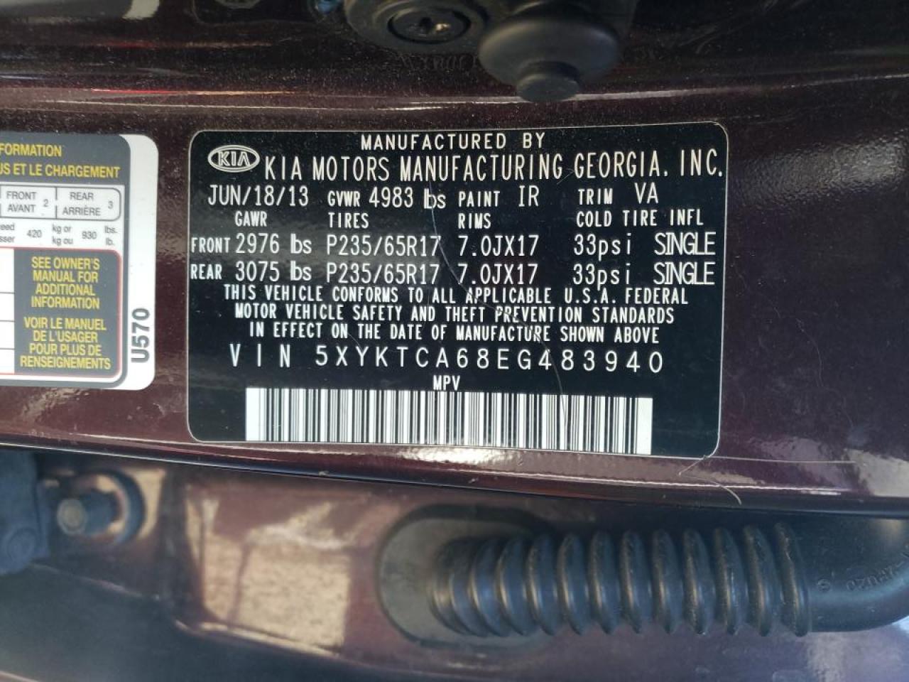 Photo 10 from auction – 2014 KIA SORENTO LX with VIN 5XYKTCA68EG483940