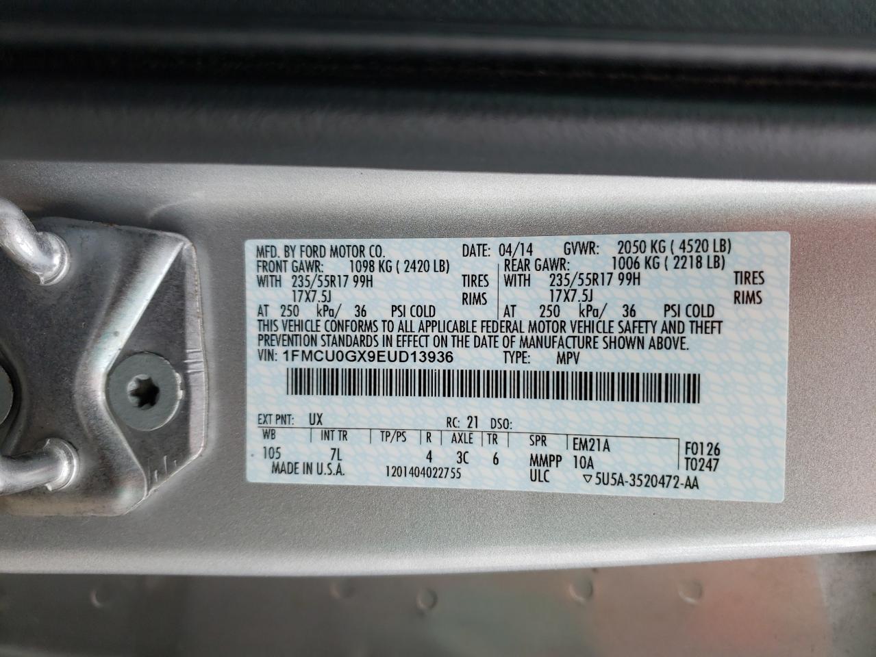 Photo 10 from auction – 2014 FORD ESCAPE SE with VIN 1FMCU0GX9EUD13936