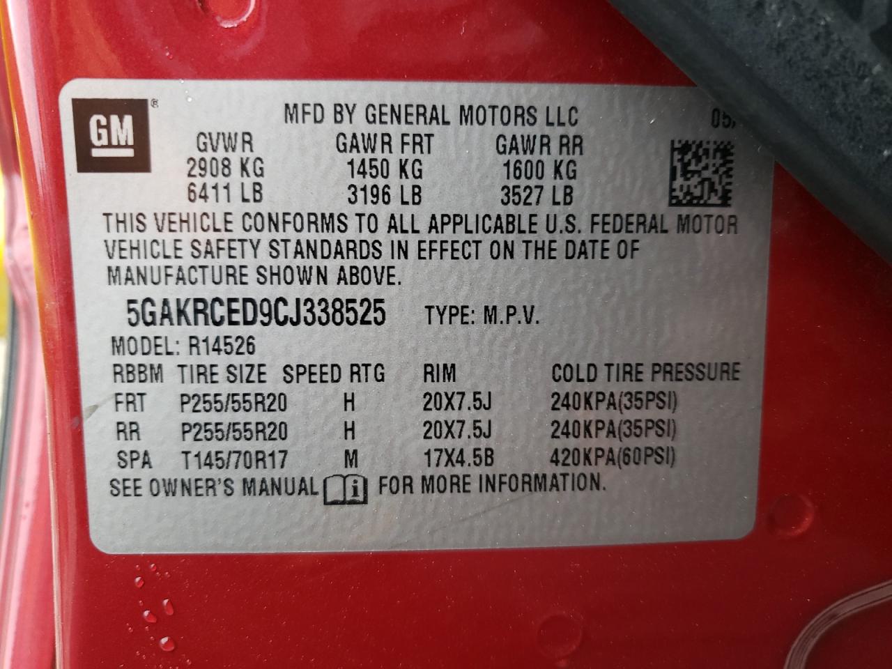 Photo 10 from auction – 2012 BUICK ENCLAVE with VIN 5GAKRCED9CJ338525