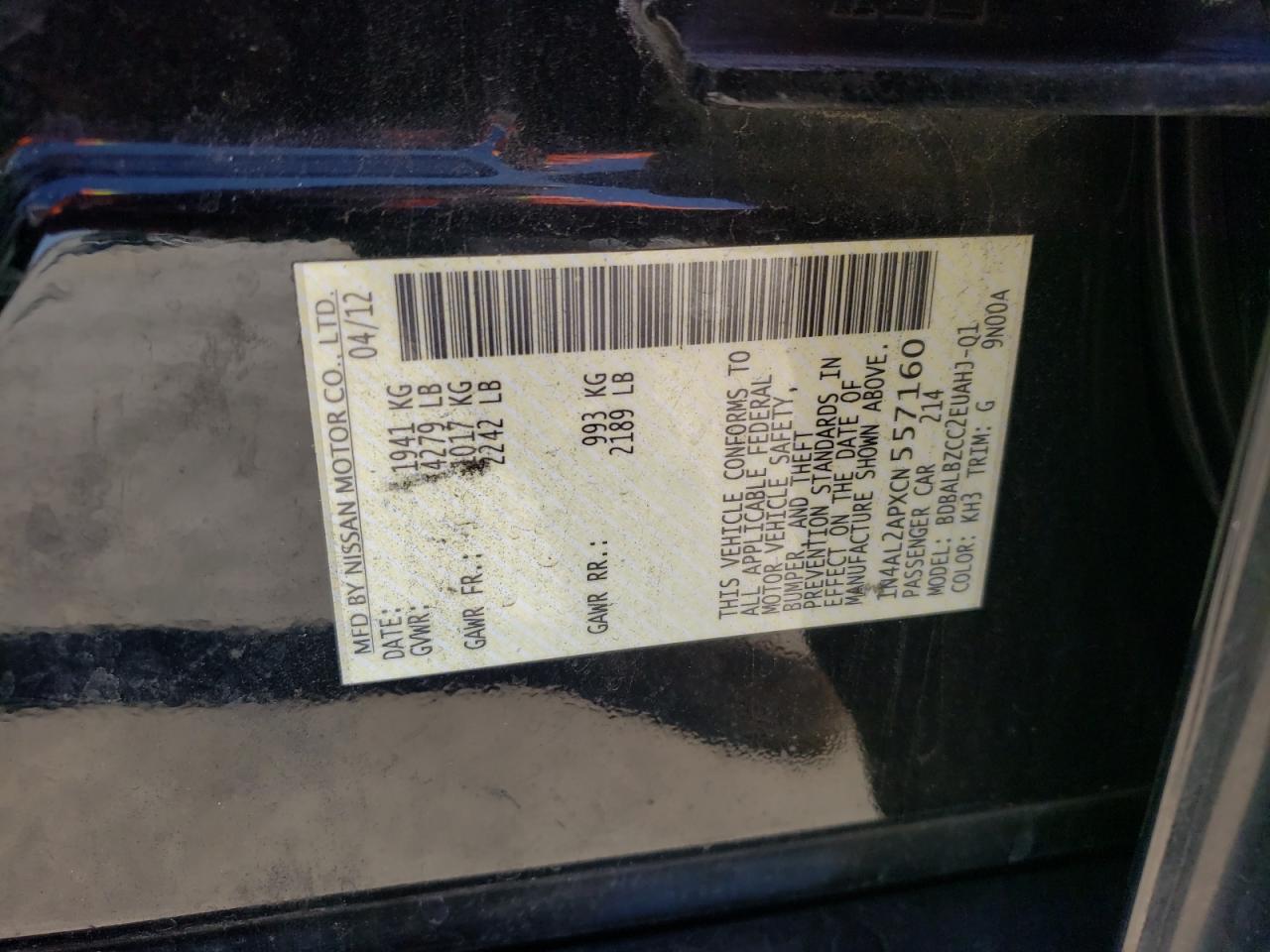 Photo 10 from auction – 2012 NISSAN ALTIMA BAS with VIN 1N4AL2APXCN557160