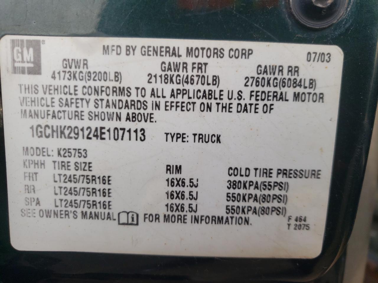 Photo 10 from auction – 2004 CHEVROLET SILVERADO with VIN 1GCHK29124E107113