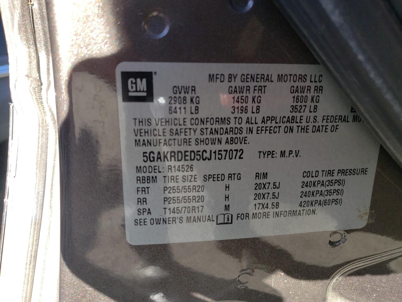 Photo 10 from auction – 2012 BUICK ENCLAVE with VIN 5GAKRDED5CJ157072