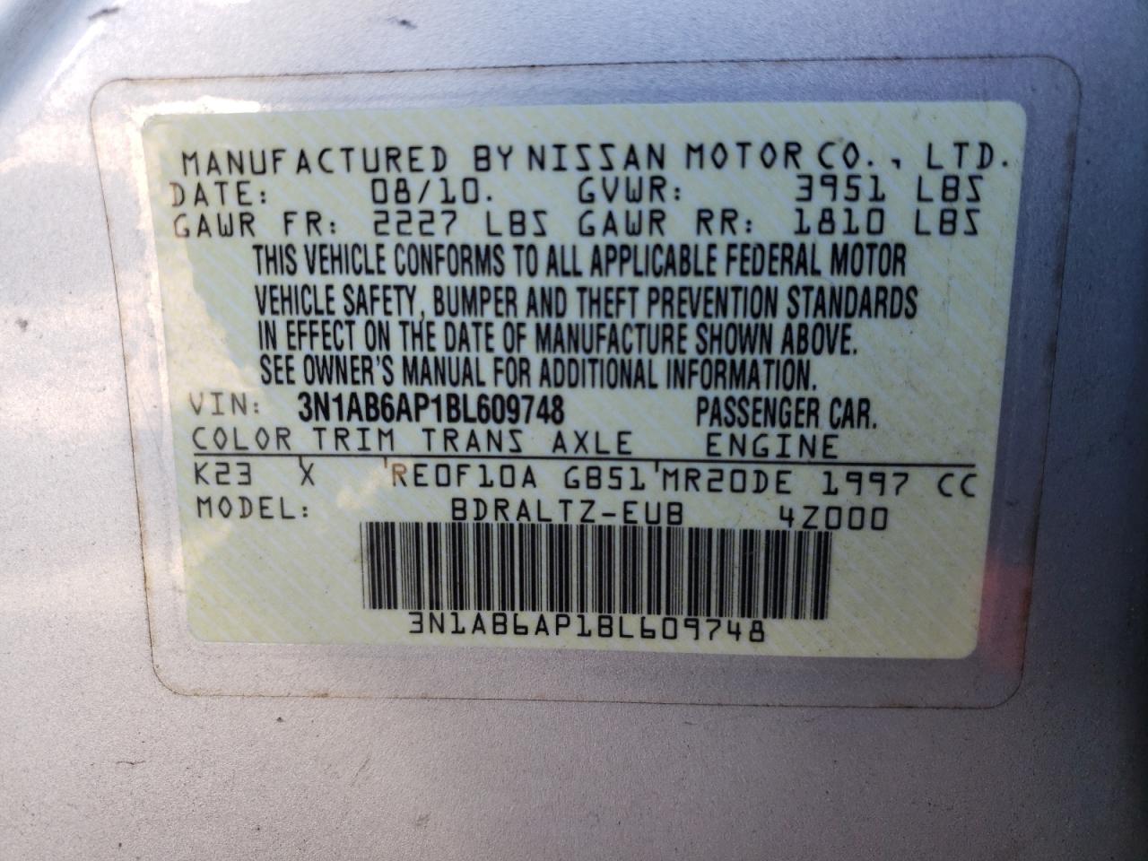 Photo 10 from auction – 2011 NISSAN SENTRA 2.0 with VIN 3N1AB6AP1BL609748